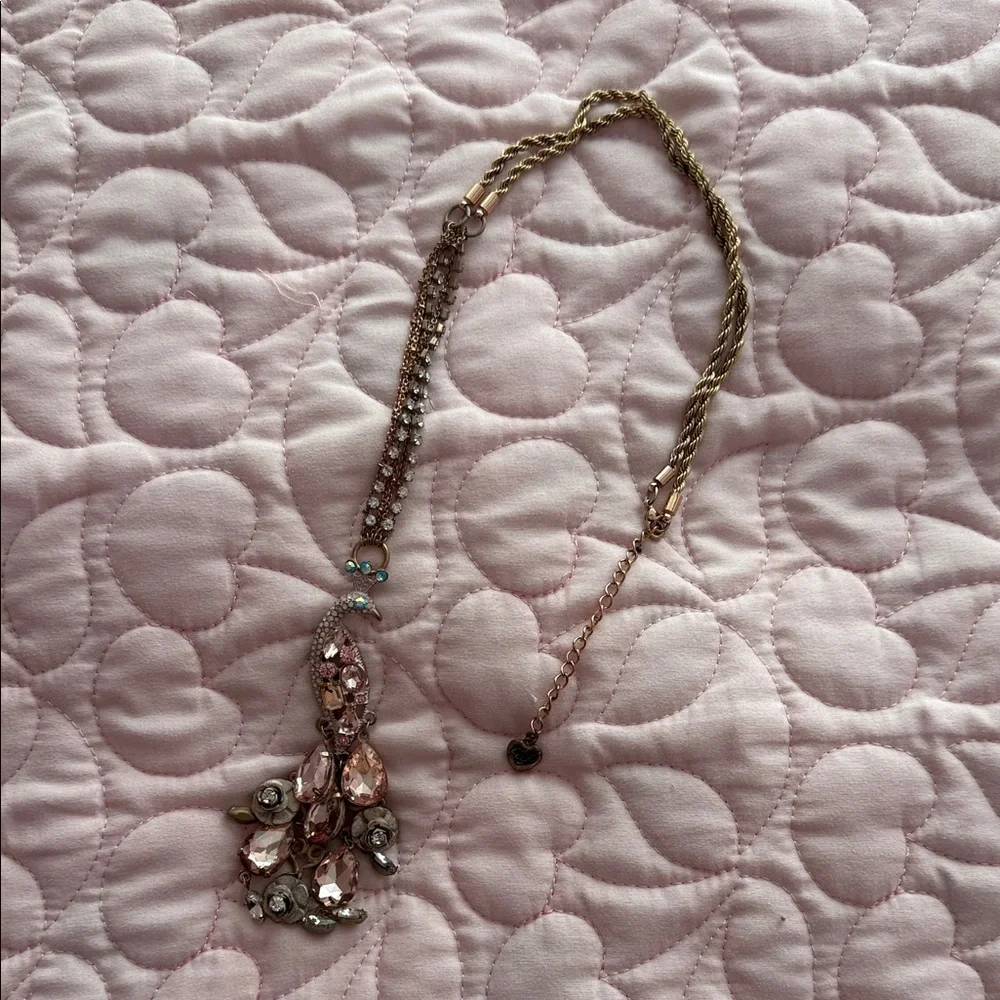 LONG Pink Crystal Peacock Drop Necklace - Women Jewelry - Picture 3 of 3